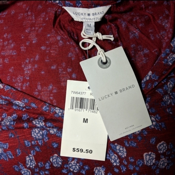 Lucky Brand Blouse Floral Print V-Neck Long Sleeve Smocking Red Blue M NWT - Picture 8 of 8